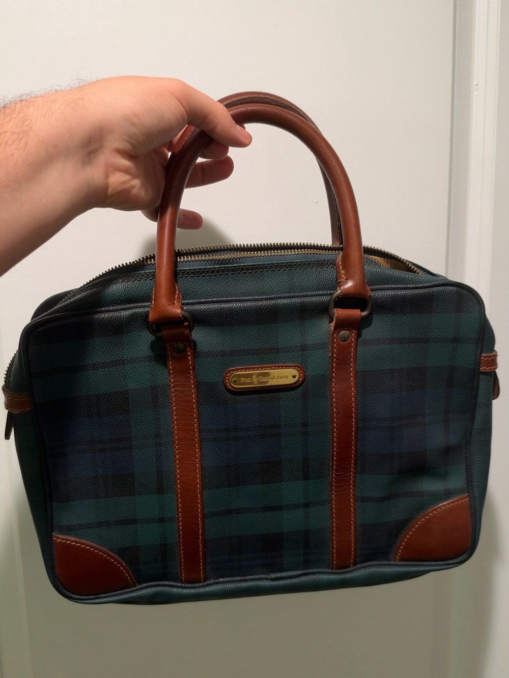 Polo by Ralph Lauren Green and Navy Plaid Toiletry Bag with Brown Leather Trim